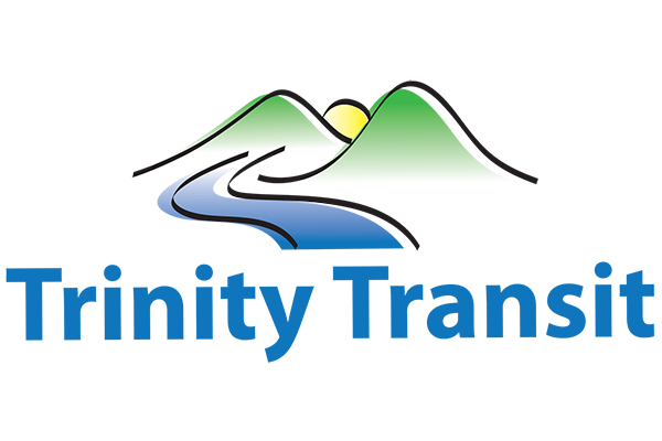 Trinity Transit logo with stylized green hills, a yellow sun, a blue river, and the text 