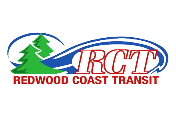 Redwood Coast Transit logo with two green trees, a blue swoosh, and bold red text reading 
